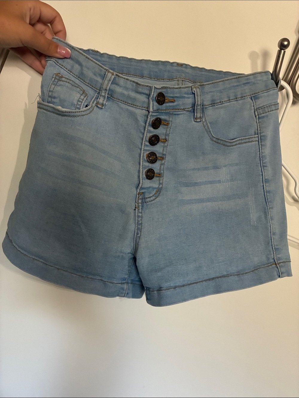 SHEIN Light Blue High-Rise Button-Fly Denim Shorts